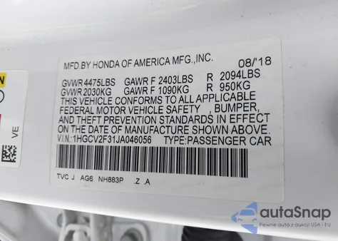 2018 Honda Accord Sport 2.0T from USA, damaged, VIN 1HGCV2F31JA046056